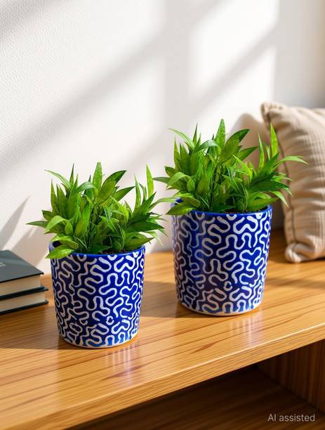 Gupta Homes Blue RD 1 Pipe Ceramic Pot GH0022-01_Packof2 Plant Container Set