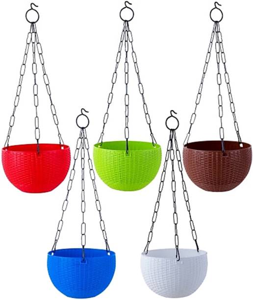 Nursery Hub (Pack of 5) 7" Dia. Woven Design Basket Hanging Flower Pots Planters Pot Plant Container Set