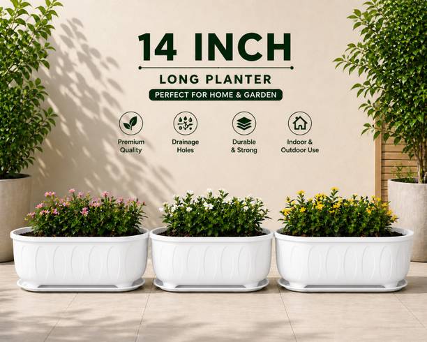 NIVZO 14 Inch WHITE Plastic Long Planter Pots with Tray Pack of 3 for Indoor Outdoor Plant Container Set