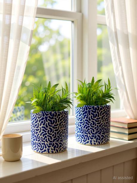 Gupta Homes Blue RD-3 Pipe Ceramic Pot Size 4x4inch GH0022-18 Plant Container Set