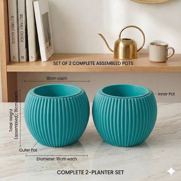 Garden's Need Gardens Need Premium Ribbed Design Self-Watering Melon Pot-7 Inch,Blue (Pack-2) Plant Container Set