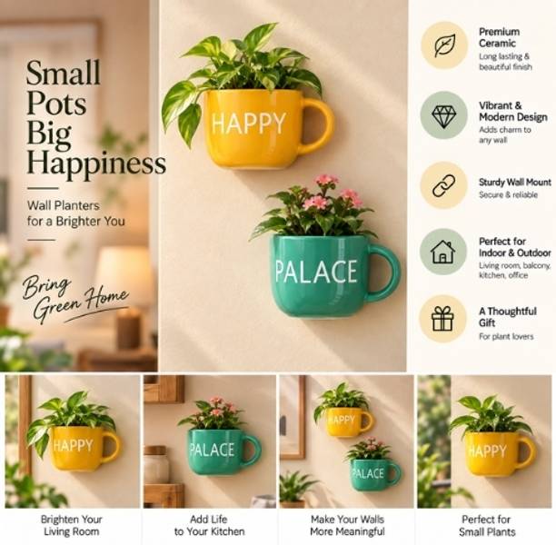 Claycraft Studio Happy Palace Ceramic Wall Planter Pots for Home Decor Plant Container Set