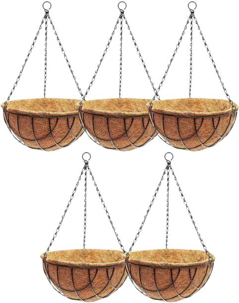 Muddstyles Metal Hanging Planter Basket 8 inch With Liner And Chain Set Balcony Decor Plant Container Set
