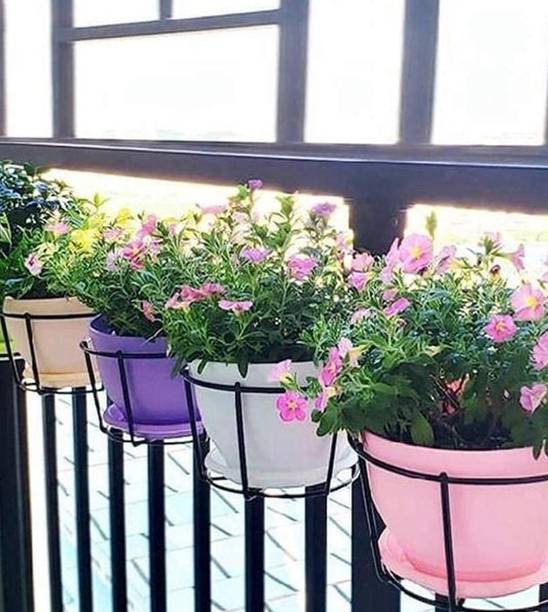 CRAFTYDECOR Hanging Basket for Flower Pots Hold Railing, Balcony, Terrace- Black(set of 4) Plant Container Set