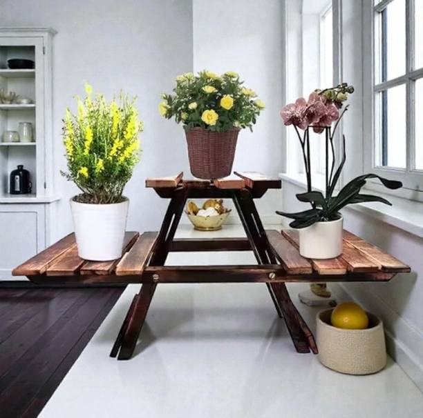 habiba Premium Wooden Tiered Plant Stand with Ceramic Planters Plant Container Set