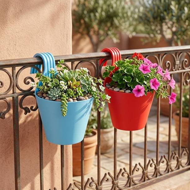 Giratoria 8 Inch Plastic Hanging Pots Set of 2 for Balcony Garden Decor Plant Container Set