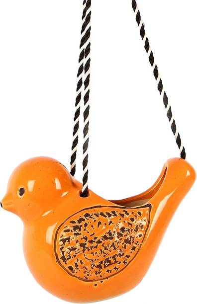 GleamSun Gleam Sun Ceramic Hanging Bird Shaped, Orange Color, With Rope ,Pack Of 1 Plant Container Set