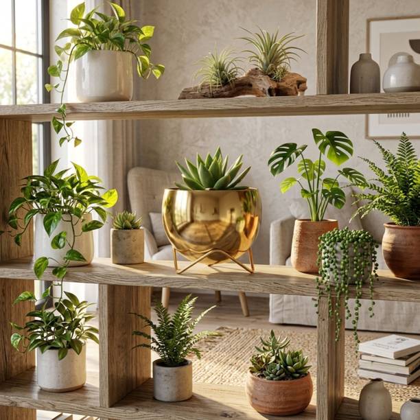 AMAZBIRD Gold Metal Planter Pot with Stand for Indoor Plants Plant Container Set