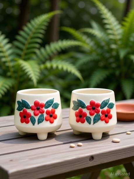 SajaoStore Sajaostore BlossomArt Hand-Painted Floral Ceramic Pot – Set of 2 Plant Container Set