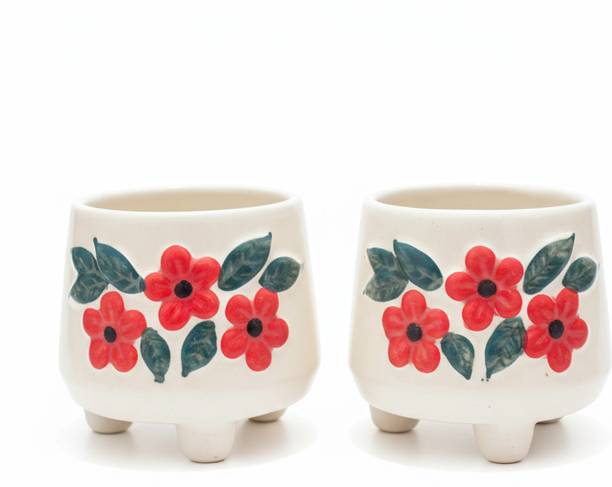 SajaoStore Sajaostore BlossomArt Hand-Painted Floral Ceramic Pot – Set of 2 Plant Container Set