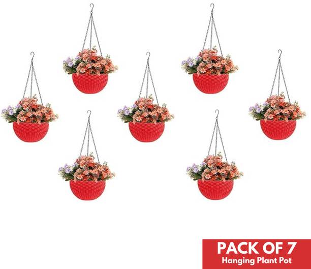 Flicksy Plastic Hanging Pot with Chain Plastic Flower Plant Container Set (Pack of 7) Plant Container Set