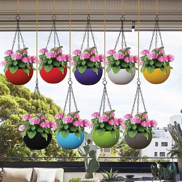 Gardeningwala Plastic Woven look Hanging Pot with Chain Plastic Flower Pot Plant Container Set