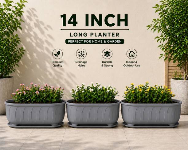 NIVZO 14 Inch GREY Plastic Long Planter Pots with Tray Pack of 3 for Indoor Outdoor Plant Container Set