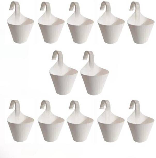 Dervino Railing Hanging Plastic Planter Pot White Pack of 12 Plant Container Set