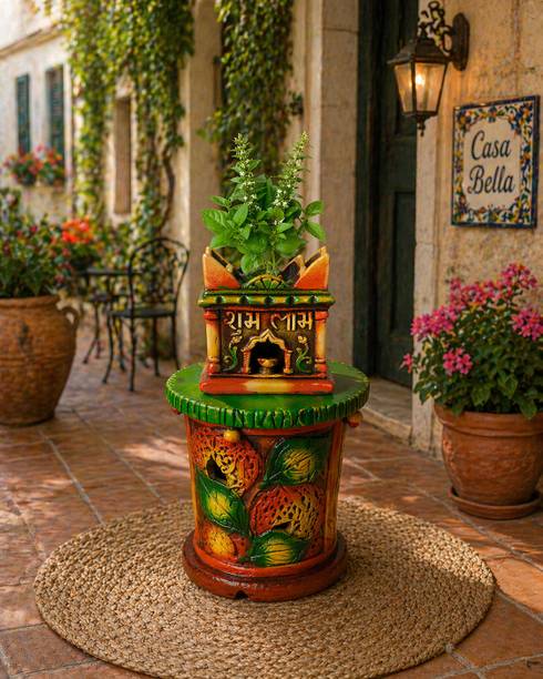 Wardan Store Multicolor Handmade Tulsi Vrindavan Pot | Religious Home Décor Planter Stand Plant Container Set