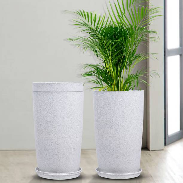KUBER INDUSTRIES Marble Emerald Flower Pot for Home & Garden with Tray|18 Inch|Pack of 3|White Plant Container Set