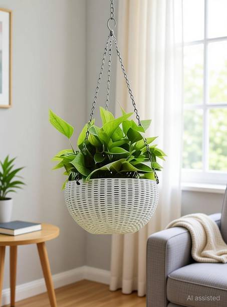 Dervino Plastic Grow Planter Woven Hanging FlowerPot with Chain Hang Plastic Pot White Plant Container Set