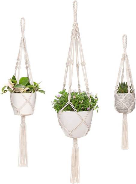 ecofynd [3 Pack] Macrame Cotton Plant Hanger | Rope Flower Pot Holder for Indoor Outdoor Balcony Garden Wall | Home Décor Basket Hanger without Plant Container Set