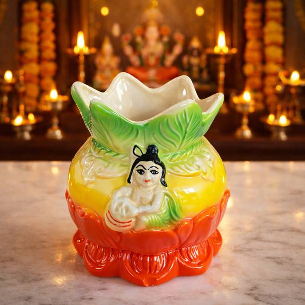 The Urban Clay House Tulsi ji Planter Pot With Embossed Krishna Ji's Idol | Tulsi Pot for Home Temple Plant Container Set