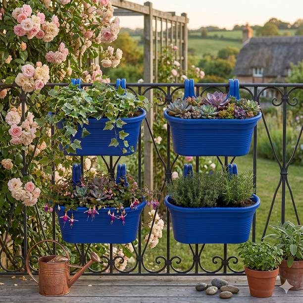 Giratoria 4-Pack Blue Railing Planters - Durable Hanging Balcony Flower Pots Plant Container Set