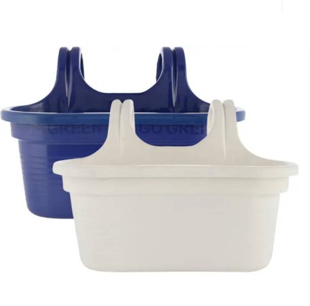 Dervino Double Hook Plastic Hanging Flower Pot for Home & Garden|12 Inch|Blue & White Plant Container Set