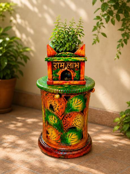 Wardan Store Multicolor Tulsi Pot Stand with Ram Labh Design | Festive Home Décor & Gift Item Plant Container Set