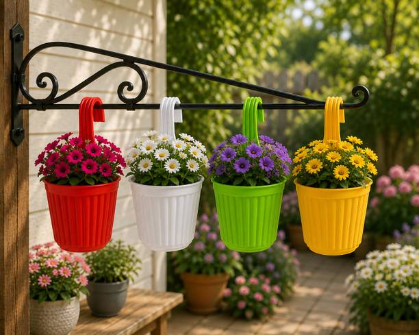 Flicksyy Plastic Hanging Planter Pots Set of 4 for Balcony & Fence Railings Plant Container Set