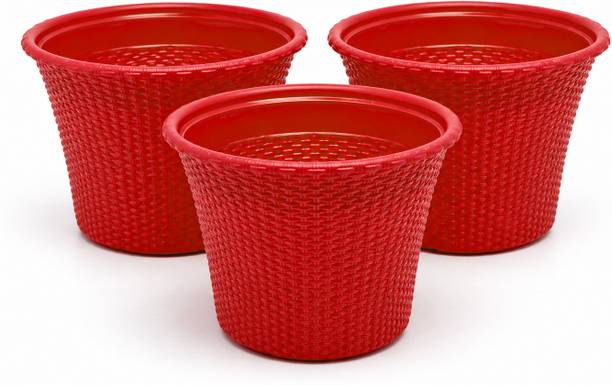 Plantervaala Woven Rattan Style Plastic Planter Pot, 10 Inch – Flower Basket (Set of 3) Red Plant Container Set