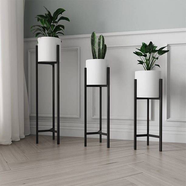 G M Crafts 3 pot white black planter stand with planters, planter stand for indoor outdoor Plant Container Set