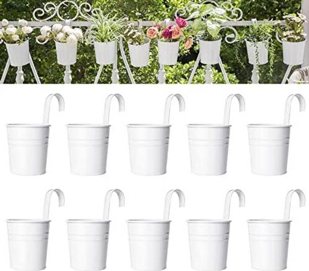MS INDUS White Metal Hanging Planter Bucket Plant Container Set
