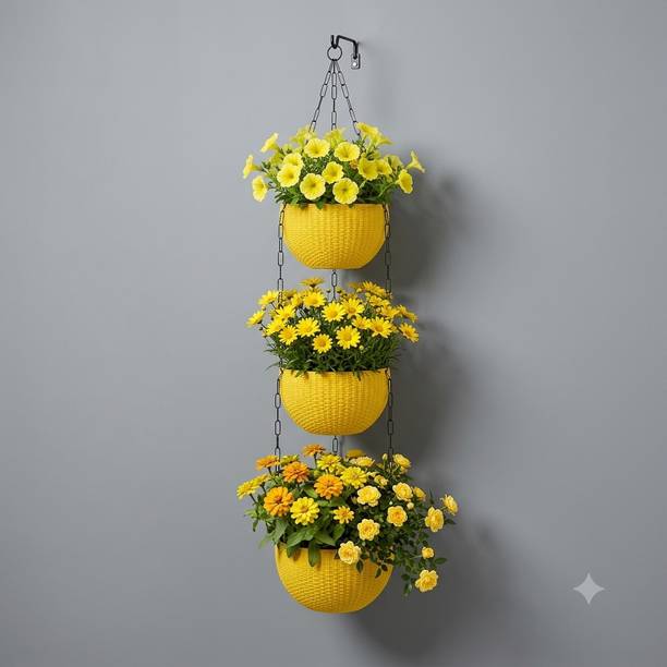 VELOFAST Heavy-Duty Hanging Plant Pot With Metal Chain Yellow 3 Chain Pot 105 Plant Container Set