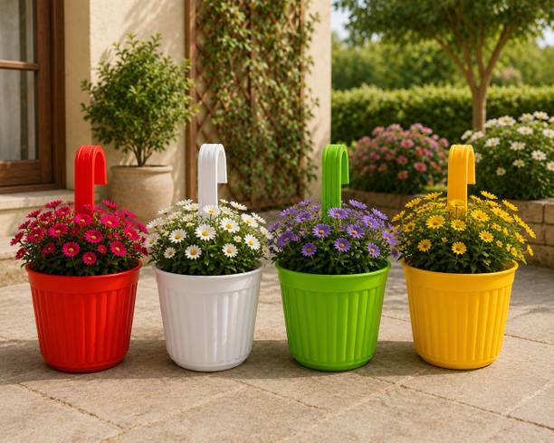 Flicksyy Plastic Hanging Planter Pots Set of 4 for Balcony & Fence Railings Plant Container Set