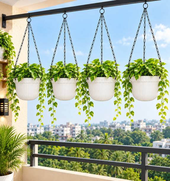TechHark Hanging Ribbed Plastic Planter pot With Chain Decorative Balcony Plant Container Set
