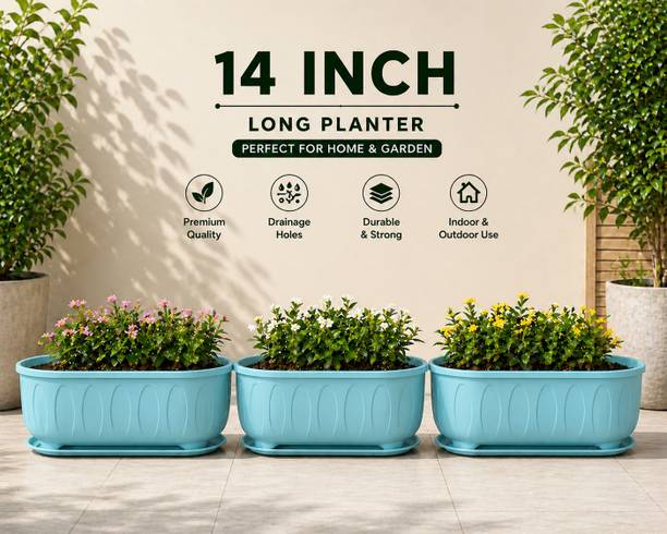 NIVZO 14 Inch BLUE Plastic Long Planter Pots with Tray Pack of 3 for Indoor Outdoor Plant Container Set