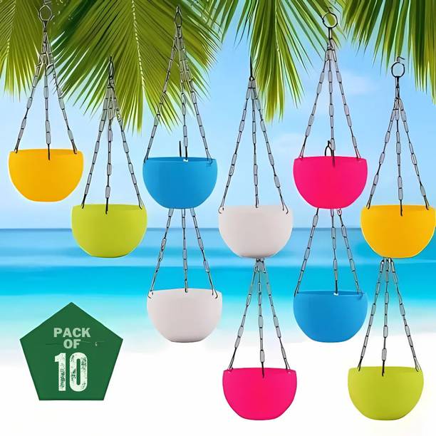 Flicksy Plastic Hanging Pot with Chain Plastic Flower Plant Container Set (Pack of 10) Plant Container Set