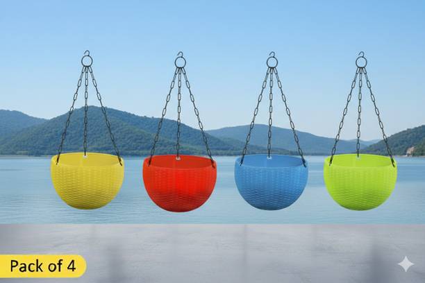 GamlaAura Euro Hanging Flower Holder Pack of 4 Multicolour with Metal Chain Plant Container Set