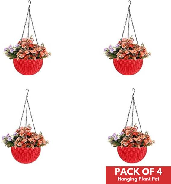 Flicksy Plastic Hanging Pot with Chain Plastic Flower Plant Container Set (Pack of 4) Plant Container Set