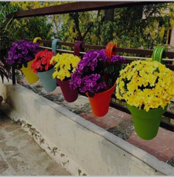 Dervino Railing Hanging Plastic Planter Pot Red Pack of 6_n Plant Container Set