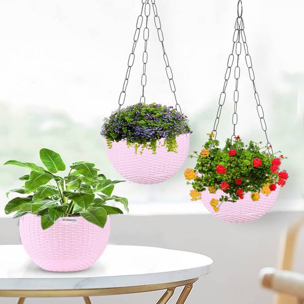 HOMESTIC by Kuber Industries Marble Euro Hanging Flower Pot for Home & Garden|7 Inch|Pack of 3|Pink Plant Container Set