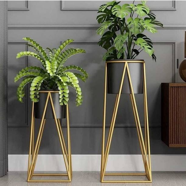 IndiaCraftHouse Golden 2 pot planter stand for balcony garden indoor outdoor With Pot Plant Container Set