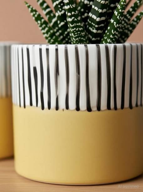 PebbleandClay Nordic Stripe Ceramic Planter Set | Blue Black Yellow | H - 4 Inch | Plant Container Set
