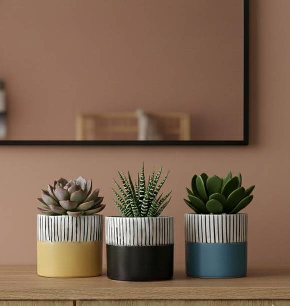 PebbleandClay Nordic Stripe Ceramic Planter Set | Blue Black Yellow | 4-Inch Pots Plant Container Set
