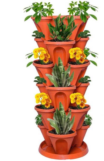 Garden's Need Stylish Stack-A-Pot Hanging Planters 6 Pieces Multi-Tier Design with Water Tray Plant Container Set