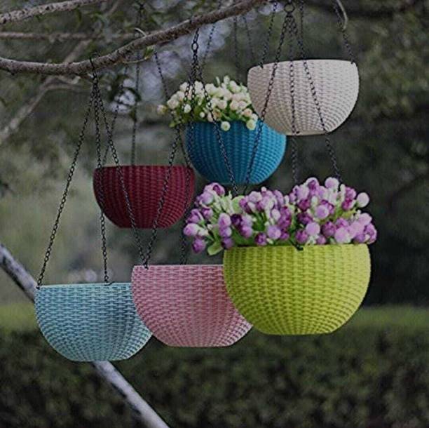 ecoplant 7"Rattan Multicolor Hanging chain Pot For Indoor/Outdoor Plant Container Set 6 Plant Container Set
