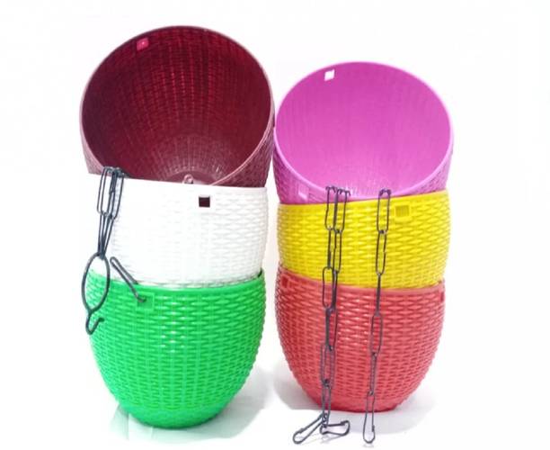 GENUPATRA GP 7" Attractive woven design beautiful round hanging flower plastic pots with heavy metal chain pots combo high quality designer pots rattan hanging basket euro hanging basket pots & planters indoor pots interior design decoration pots outdoor pots landscape design lawn development gardening hanging flower pots beautiful round nursery gamla flower hanging pot for gardening pots for pot & planters home garden balcony hanging pots porch pots and planters kitchen gardening terrace garden pots office decor table top pots desk decor plant container set multi color plastic pots (pack of 6) Plant Container Set