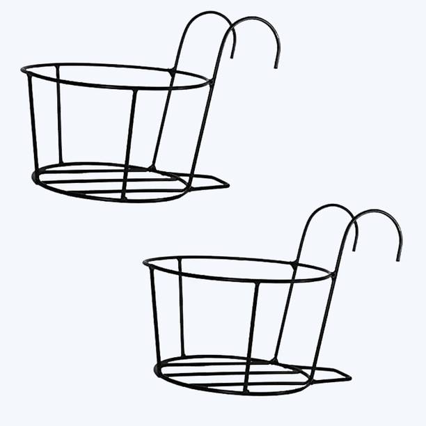 WOZTI Hanging Railing Basket for Flower Pot Holder, Balcony, Terrace - Black(set of 2) Plant Container Set
