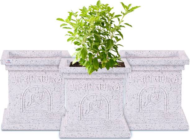 Heart Home Pack of 3 Plastic Tulsi Mancha Gamla/Planter Pot | 12 Inch Marble Design-White Plant Container Set