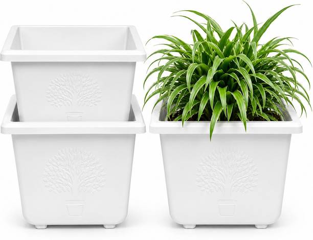 Klick N Shop Square Self Watering Plastic Flower Pot with Water Reservoir White Plant Container Set