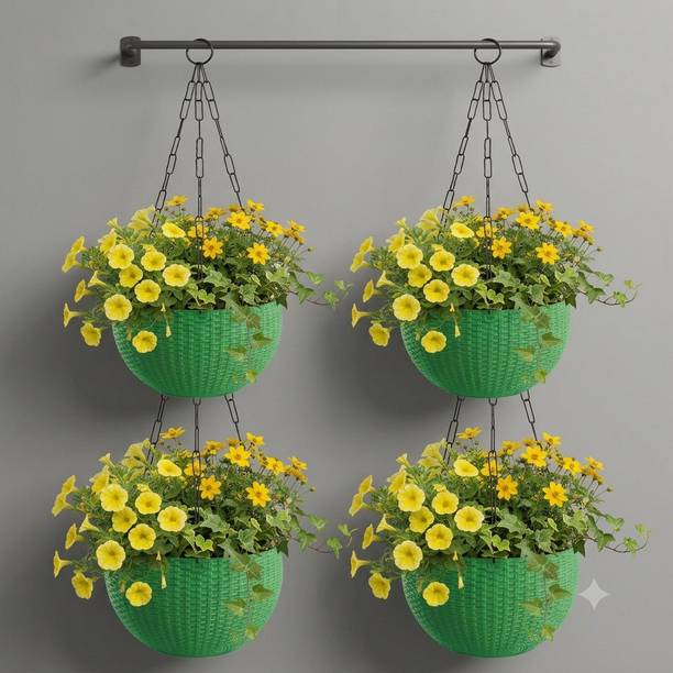 VELOFAST Heavy-Duty Hanging Plant Pot With Metal Chain Green 4 Chain Pot 140 Plant Container Set