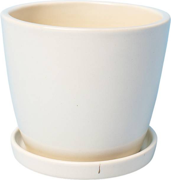 Brills Beautiful Tumbler Shape White Glossy Ceramic Pot with Tray - Plant Container Set